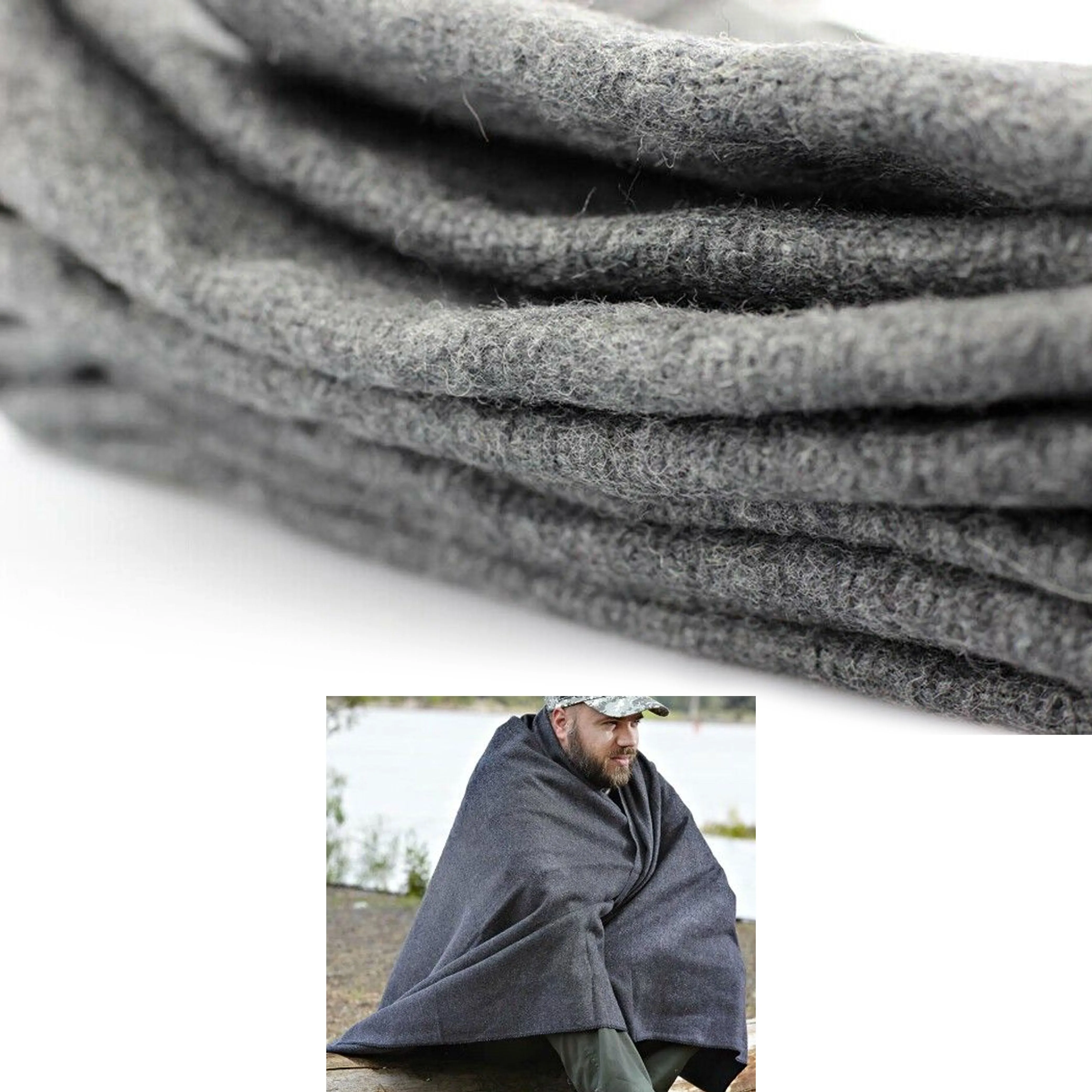 2 Pc Camping Outdoor Blanket Recycled Cotton Wool Winter Military Survival 76"