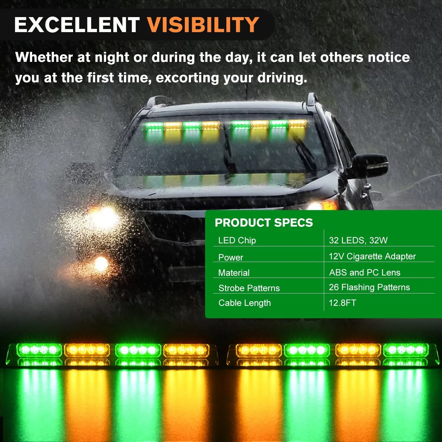 32LED Amber Green Emergency Dash Strobe Lights with Controller Suction Cups