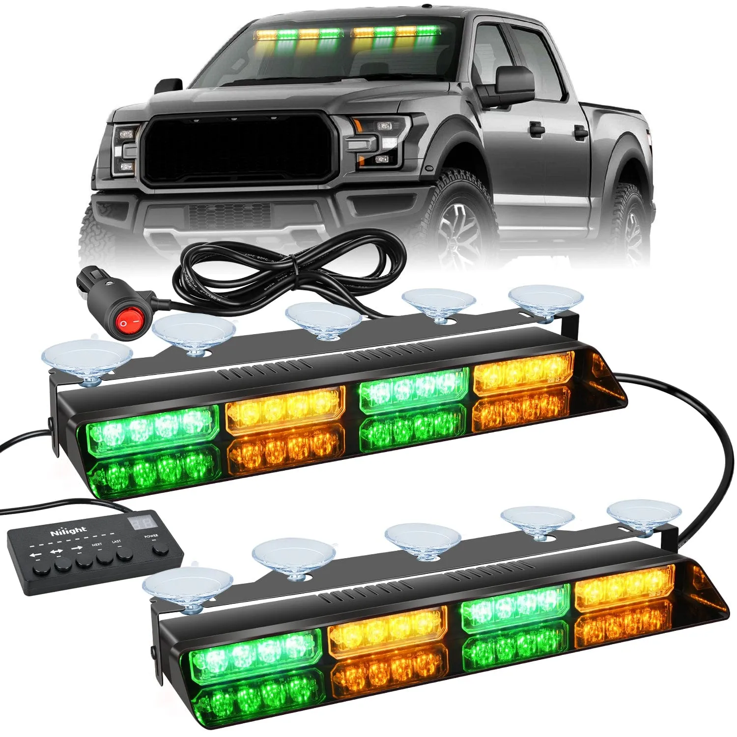 32LED Amber Green Emergency Dash Strobe Lights with Controller Suction Cups
