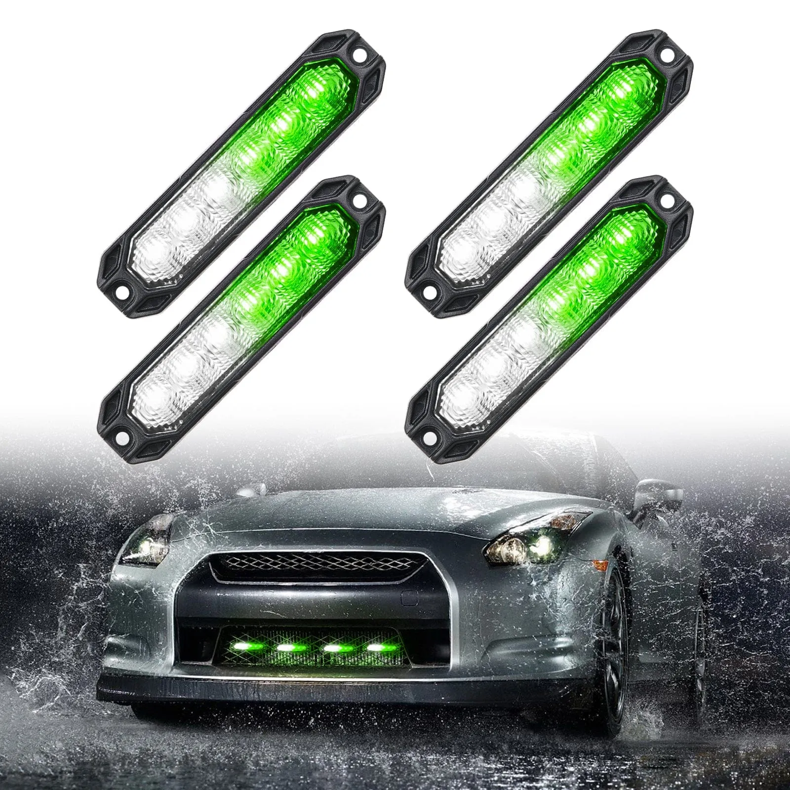 6LED Green White Surface Mount Flashing Emergency Strobe lights 4 PCS