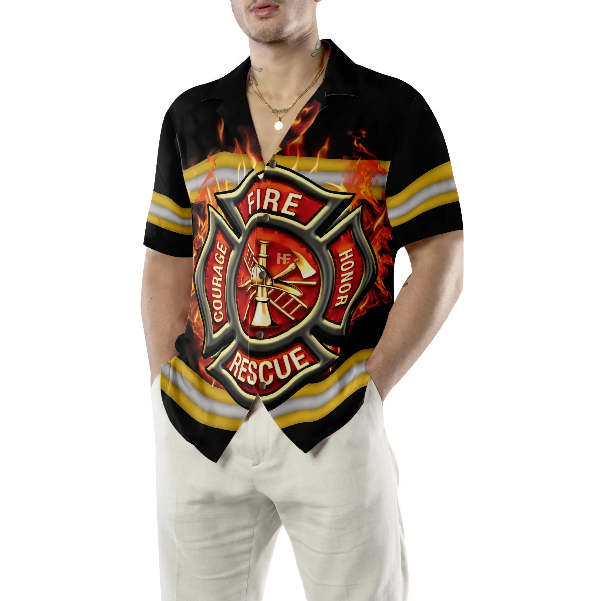 Courage And Honor Fire Dept Badge Firefighter Hawaiian Shirt, Uniform And Cross Axes Firefighter Shirt For Men