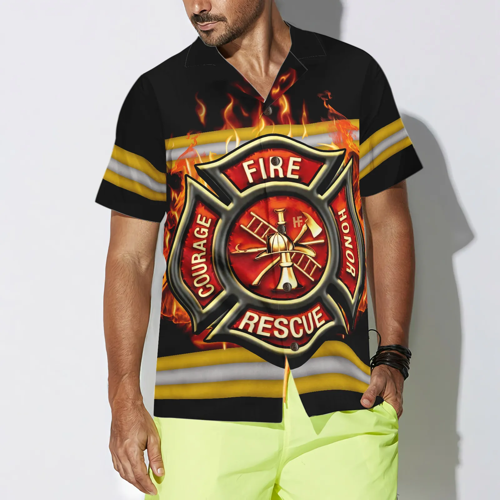Courage And Honor Fire Dept Badge Firefighter Hawaiian Shirt, Uniform And Cross Axes Firefighter Shirt For Men