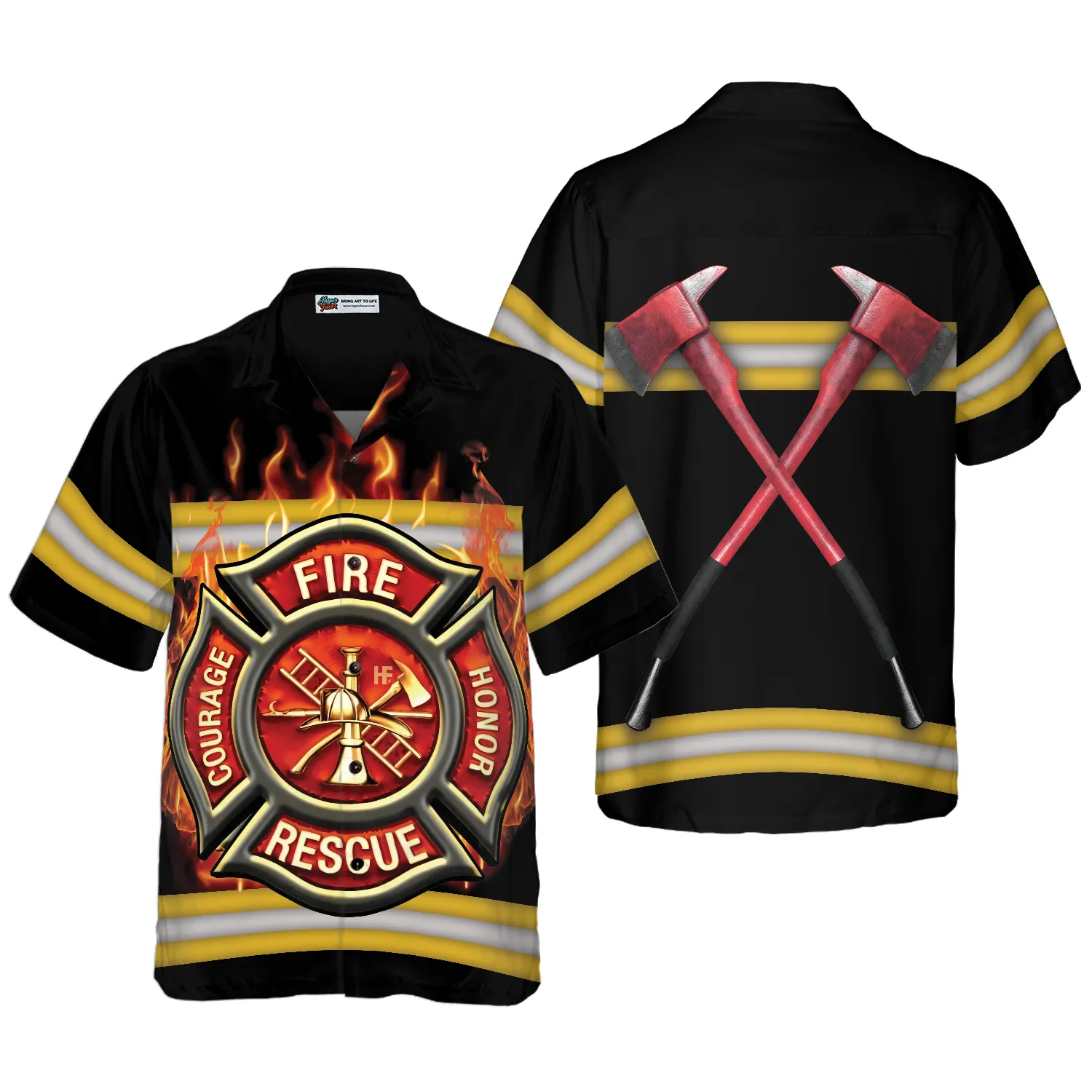 Courage And Honor Fire Dept Badge Firefighter Hawaiian Shirt, Uniform And Cross Axes Firefighter Shirt For Men