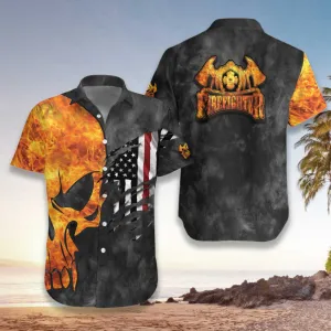 Firefighter And Flame Skull Firefighter Hawaiian Shirt, Firefighter Cross Axes Ripped American Flag Firefighter Shirt