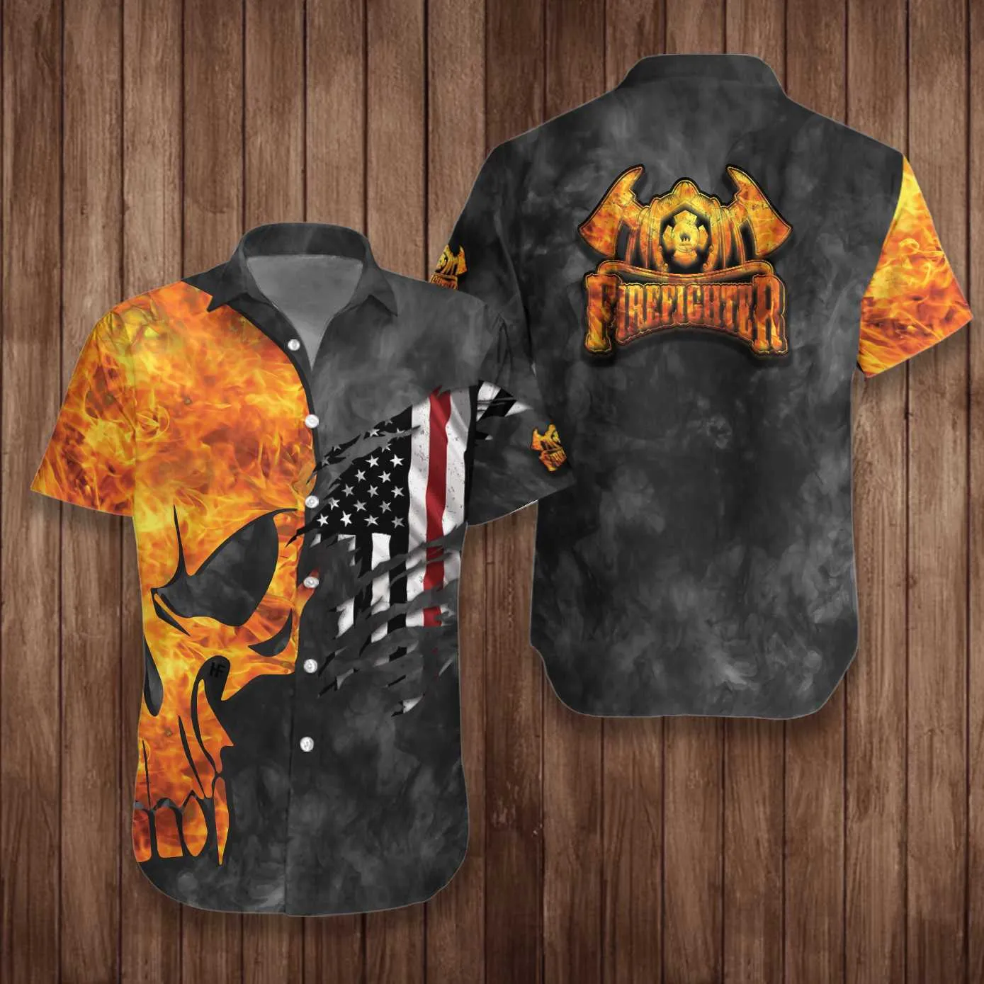 Firefighter And Flame Skull Firefighter Hawaiian Shirt, Firefighter Cross Axes Ripped American Flag Firefighter Shirt