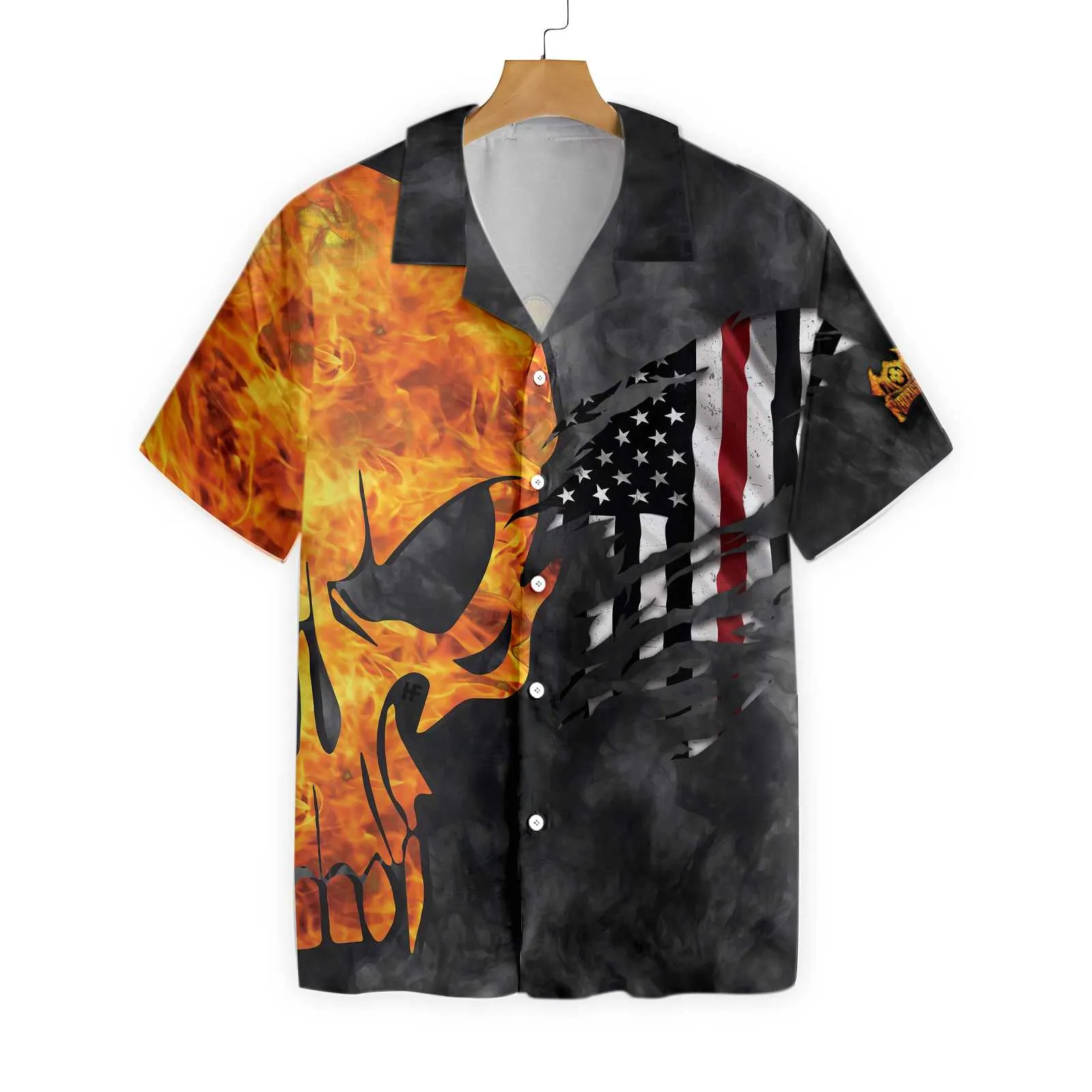 Firefighter And Flame Skull Firefighter Hawaiian Shirt, Firefighter Cross Axes Ripped American Flag Firefighter Shirt