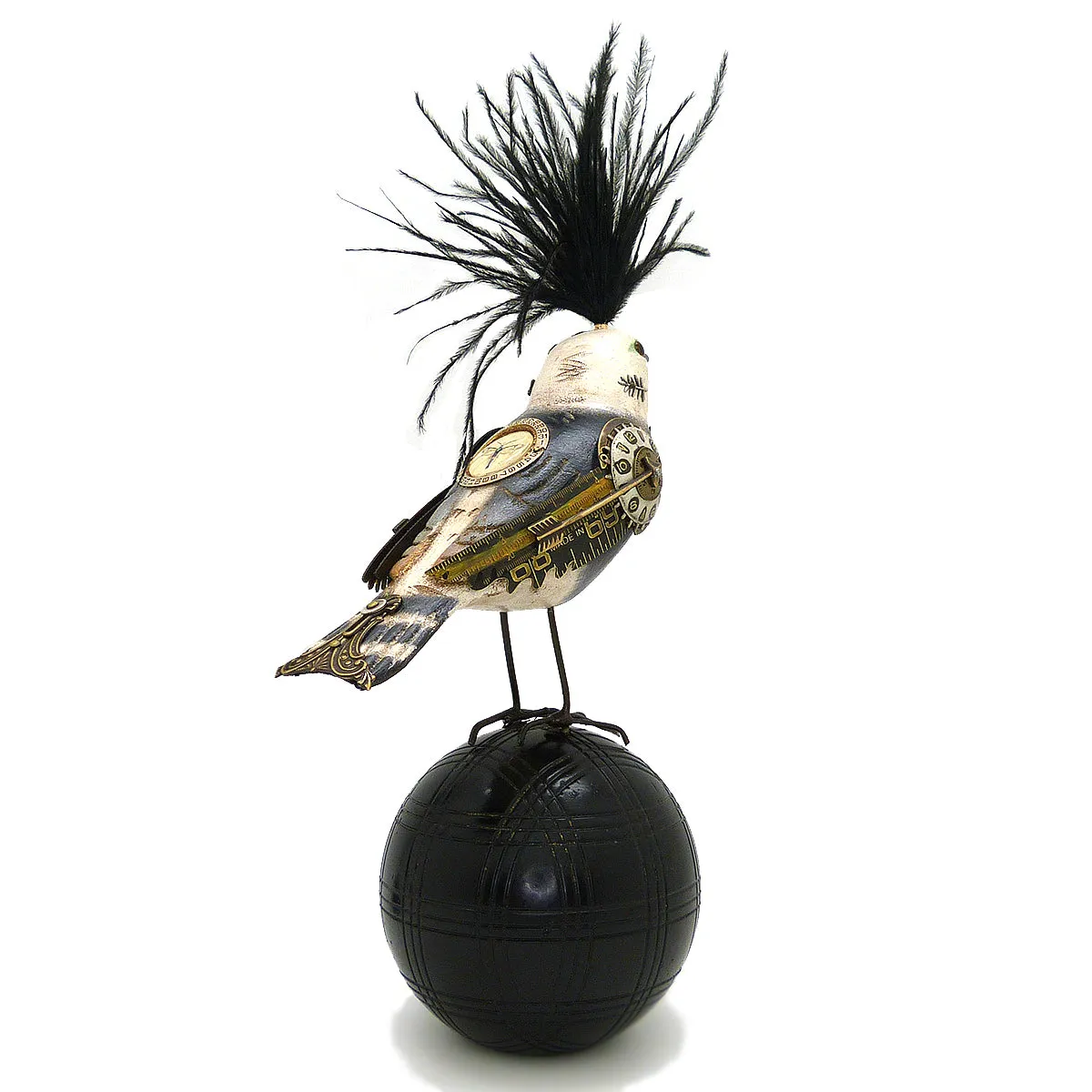Mullanium Black White Tanager Bird on Croquet Ball Artists Jim Tori Mullan Steampunk Handmade