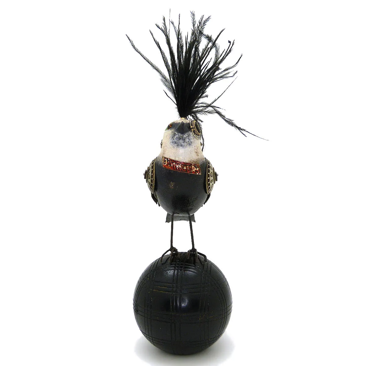 Mullanium Black White Tanager Bird on Croquet Ball Artists Jim Tori Mullan Steampunk Handmade