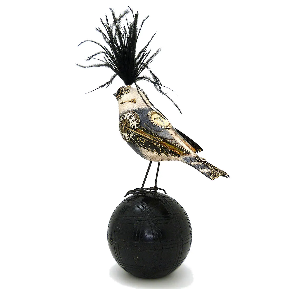 Mullanium Black White Tanager Bird on Croquet Ball Artists Jim Tori Mullan Steampunk Handmade