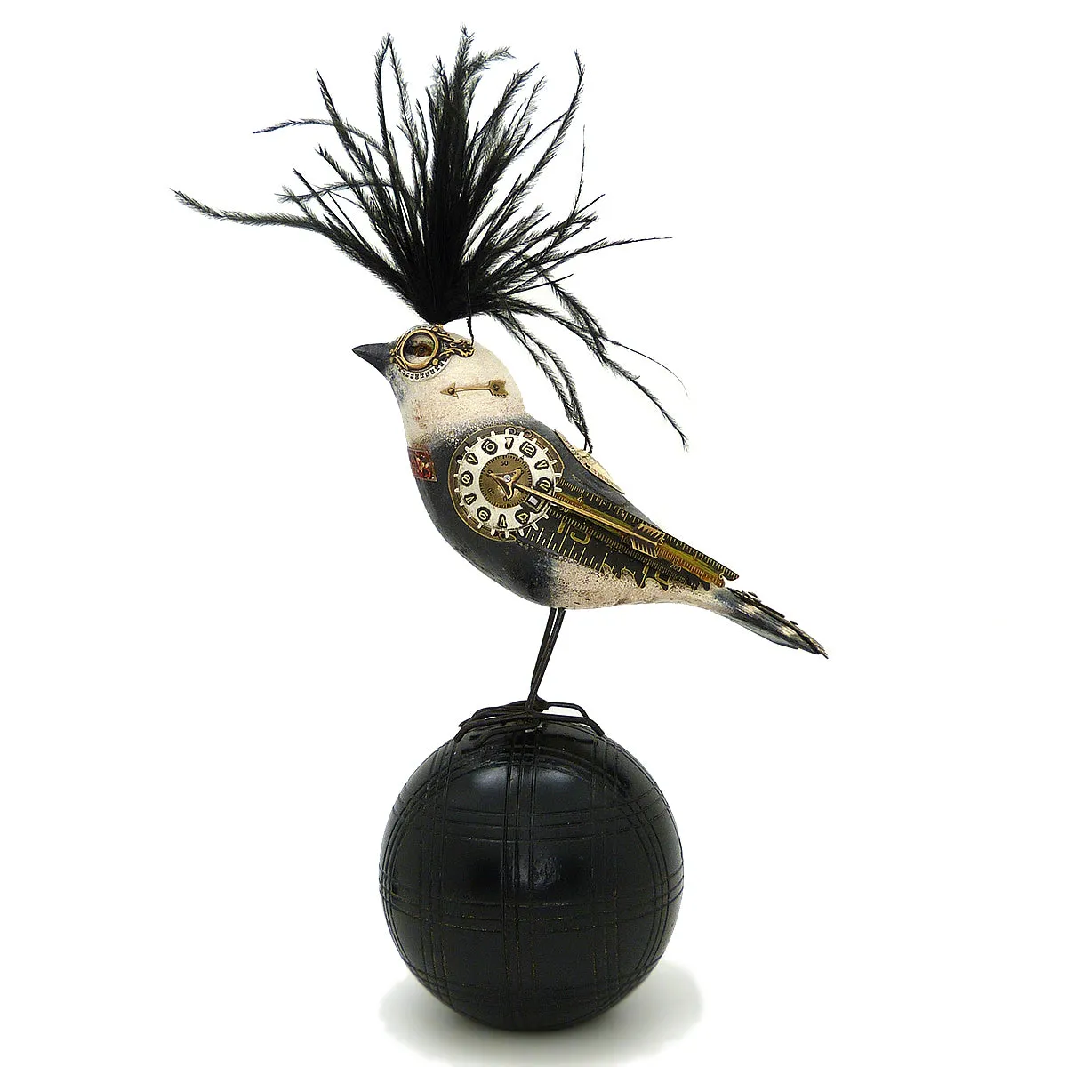 Mullanium Black White Tanager Bird on Croquet Ball Artists Jim Tori Mullan Steampunk Handmade