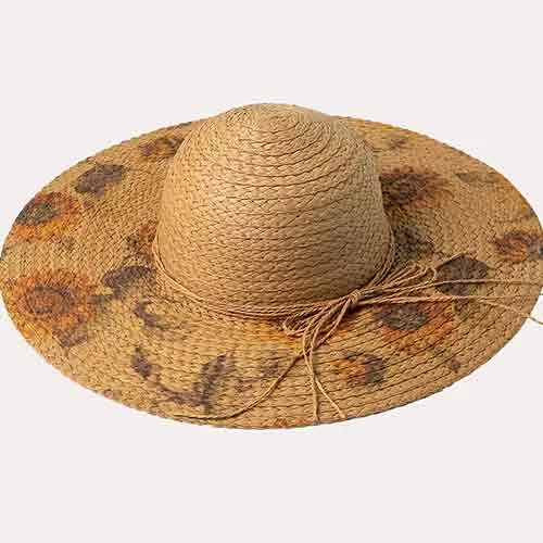 Sun flower Printed Straw Hat-Khaki