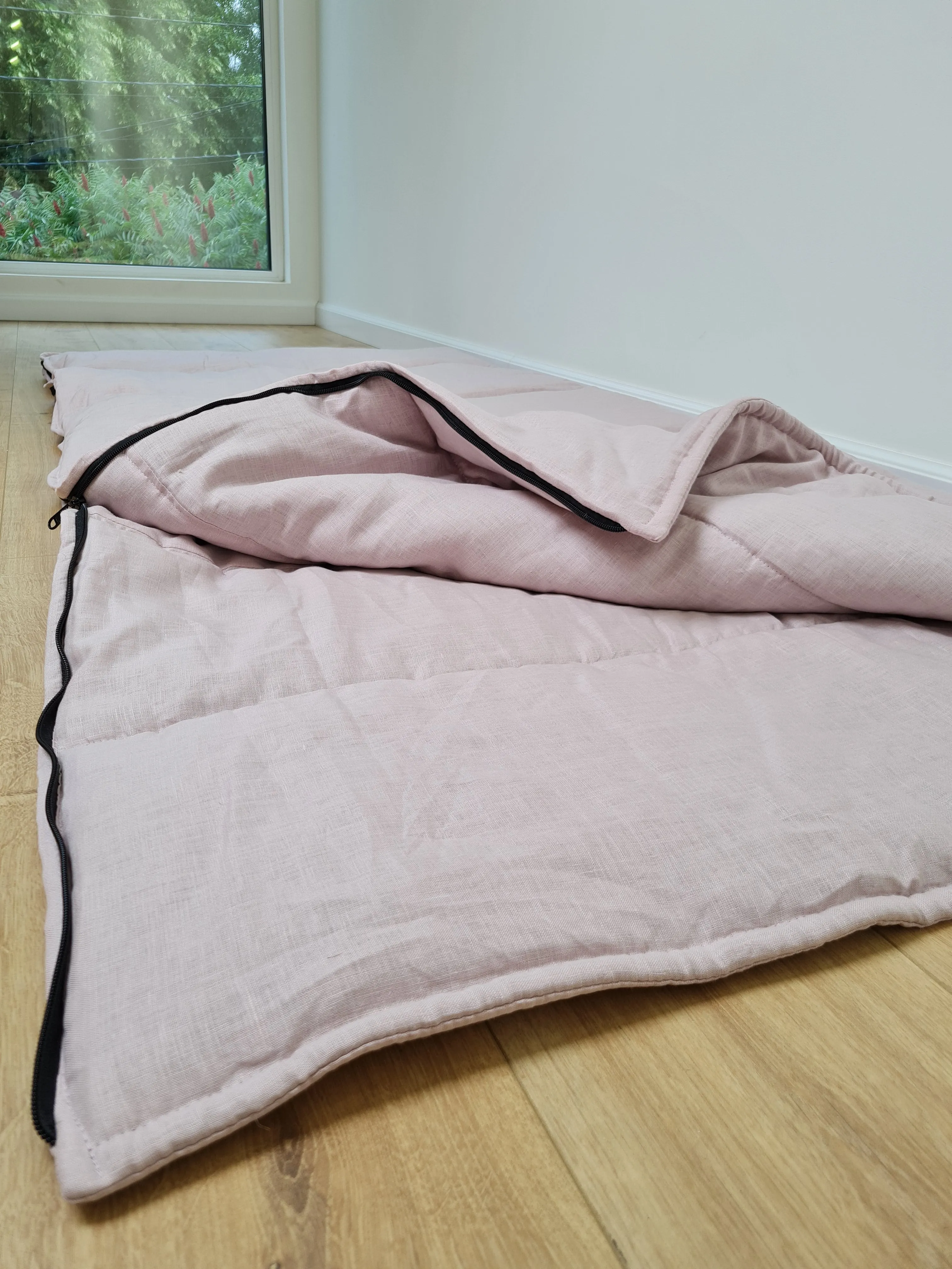 Thick HEMP Sleeping bag in washed ashen pink linen fabric- organic hemp fiber filling   linen fabric - blanket quilt, hand made